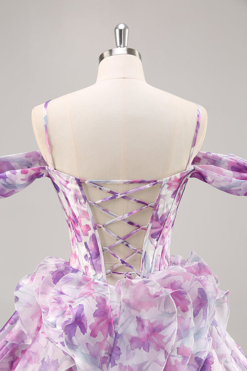 Load image into Gallery viewer, Floral Purple A Line Chiffon Short Corset Homecoming Dress