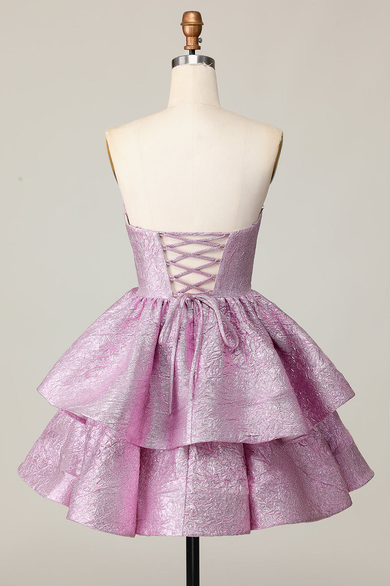 Load image into Gallery viewer, Light Purple Strapless A Line Metallic Short Homecoming Dress with Ruffles