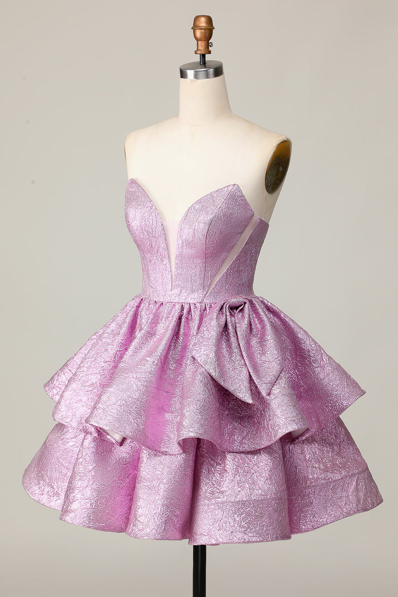 Load image into Gallery viewer, Light Purple Strapless A Line Metallic Short Homecoming Dress with Ruffles