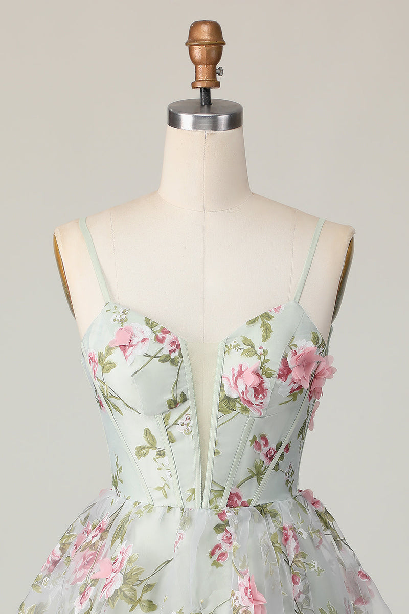 Load image into Gallery viewer, Sage Flower Spaghetti Straps Corset Short Homecoming Dress
