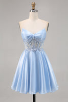 Load image into Gallery viewer, Sparkly Strapless Light Blue Satin Corset Short Homecoming Dress with Lace