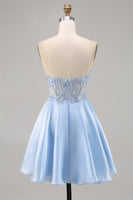 Load image into Gallery viewer, Sparkly Strapless Light Blue Satin Corset Short Homecoming Dress with Lace