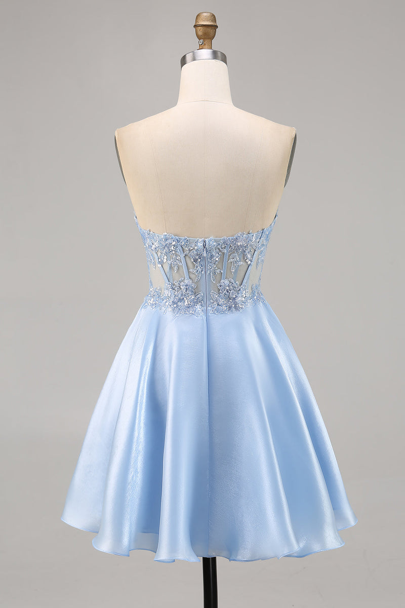 Load image into Gallery viewer, Sparkly Strapless Light Blue Satin Corset Short Homecoming Dress with Lace