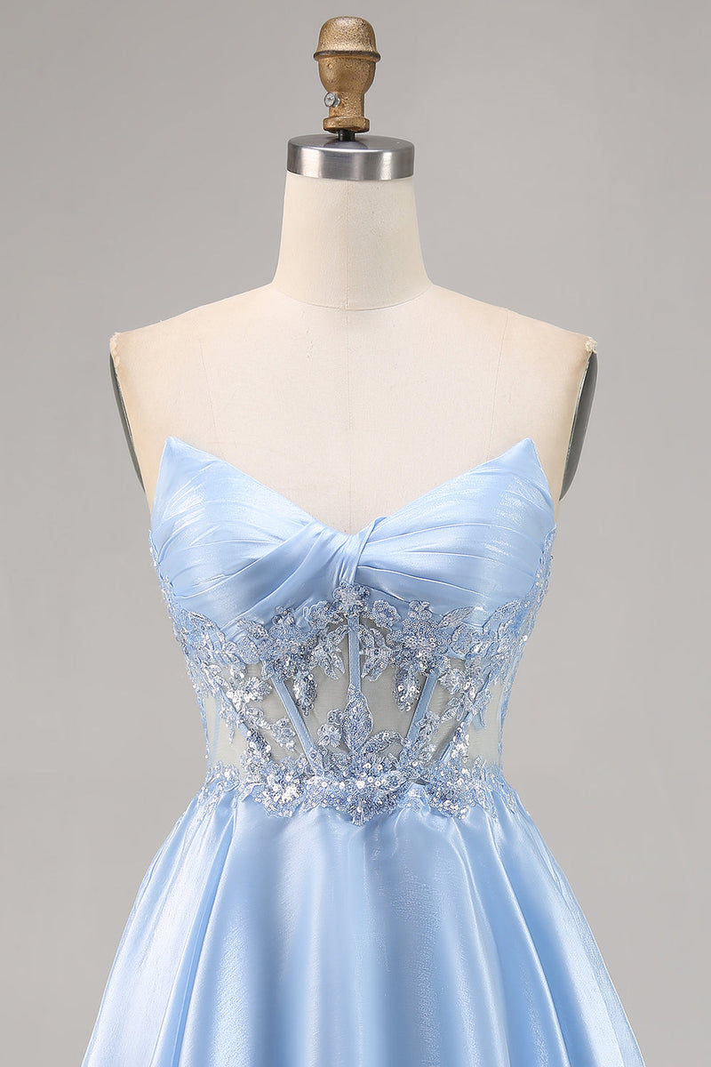 Load image into Gallery viewer, Sparkly Strapless Light Blue Satin Corset Short Homecoming Dress with Lace