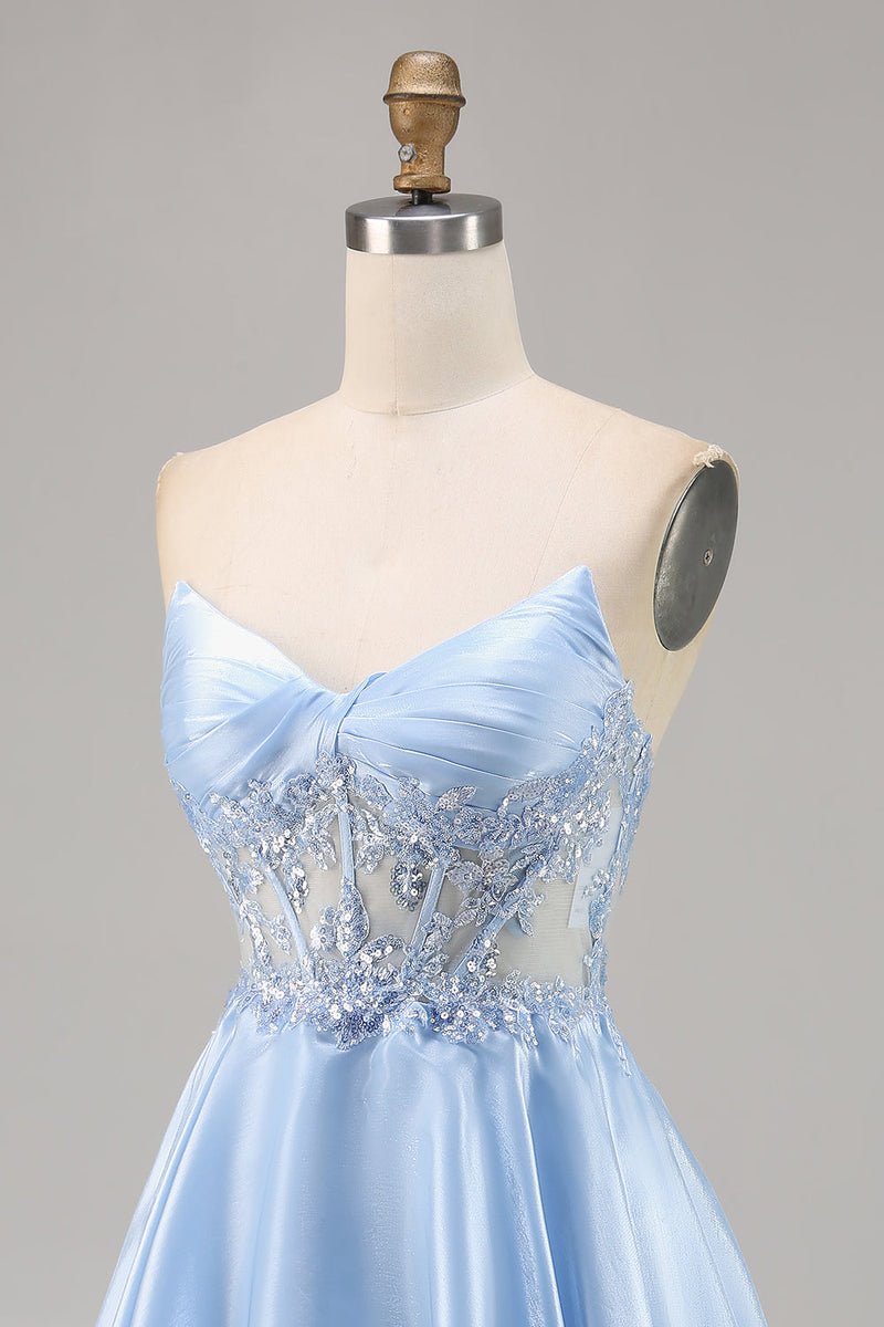Load image into Gallery viewer, Sparkly Strapless Light Blue Satin Corset Short Homecoming Dress with Lace