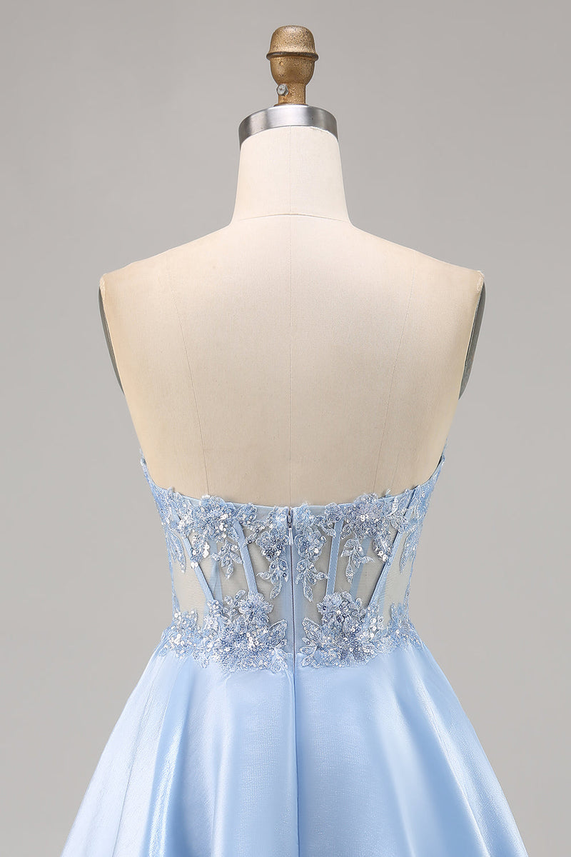 Load image into Gallery viewer, Sparkly Strapless Light Blue Satin Corset Short Homecoming Dress with Lace