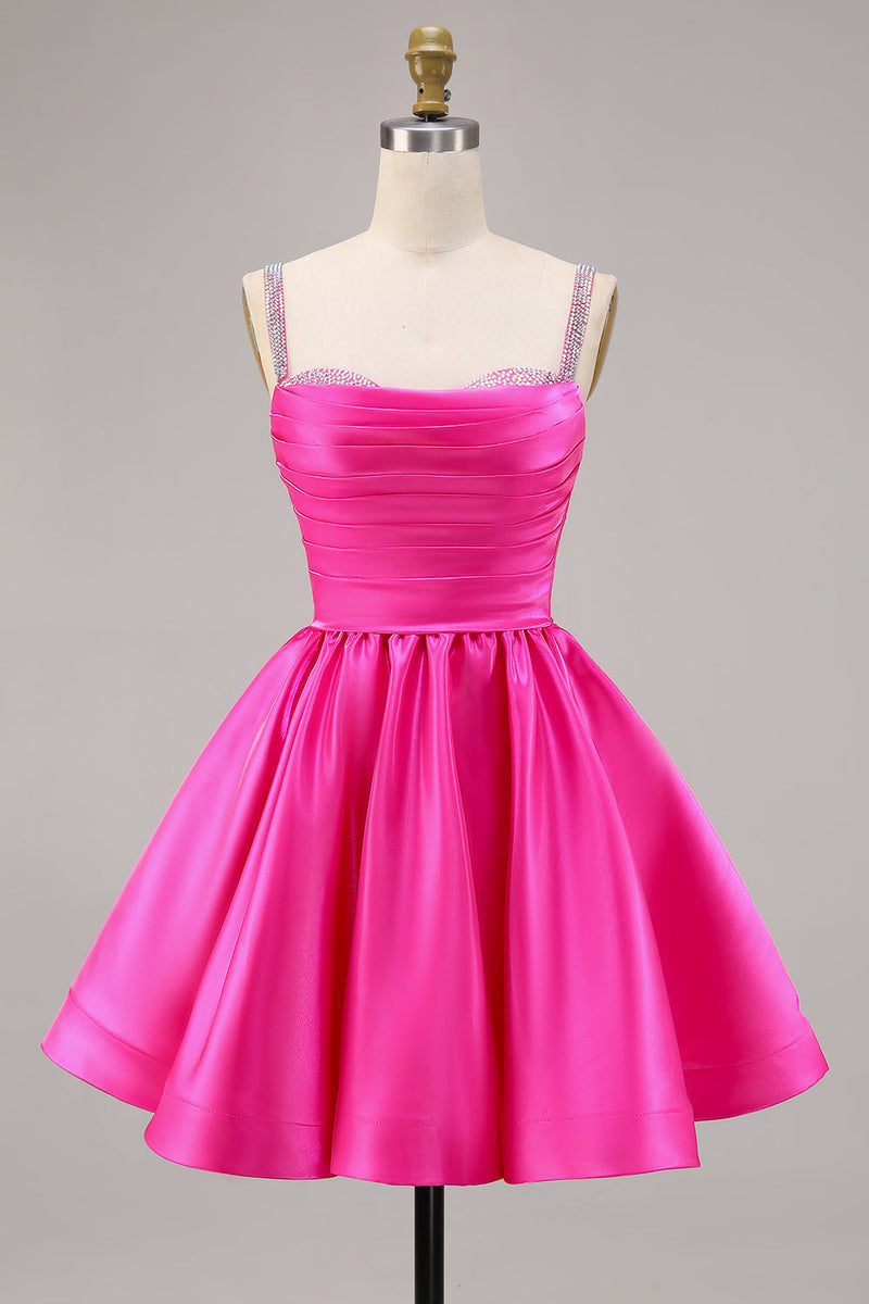Load image into Gallery viewer, Sparkly Fuchsia Short Ruched Satin Homecoming Dress with Beading