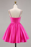 Load image into Gallery viewer, Sparkly Fuchsia Short Ruched Satin Homecoming Dress with Beading