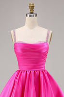 Load image into Gallery viewer, Sparkly Fuchsia Short Ruched Satin Homecoming Dress with Beading