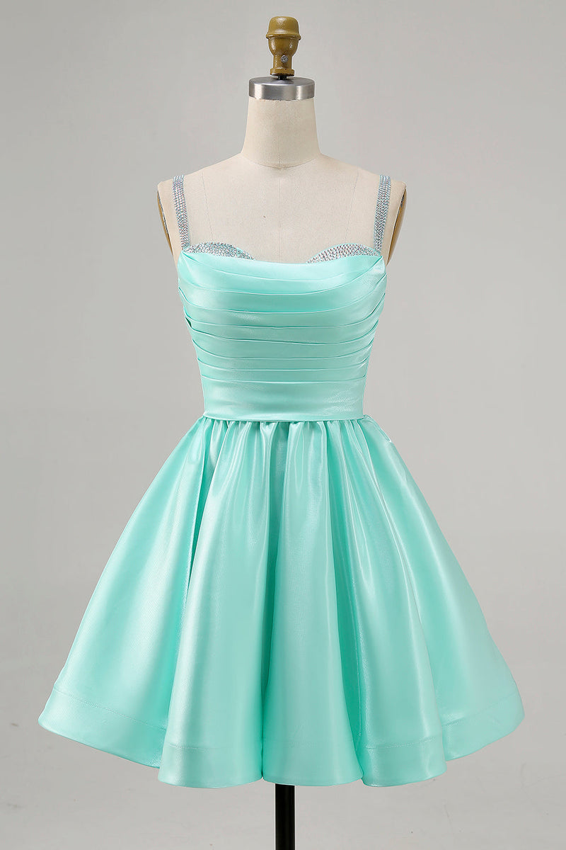 Load image into Gallery viewer, Sparkly Mint Green Short Ruched Satin Homecoming Dress with Beading
