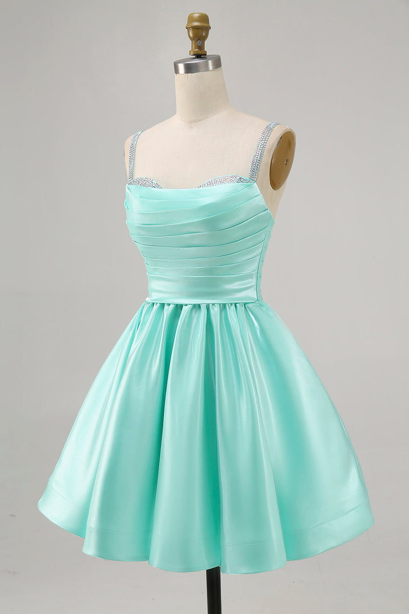Load image into Gallery viewer, Sparkly Mint Green Short Ruched Satin Homecoming Dress with Beading