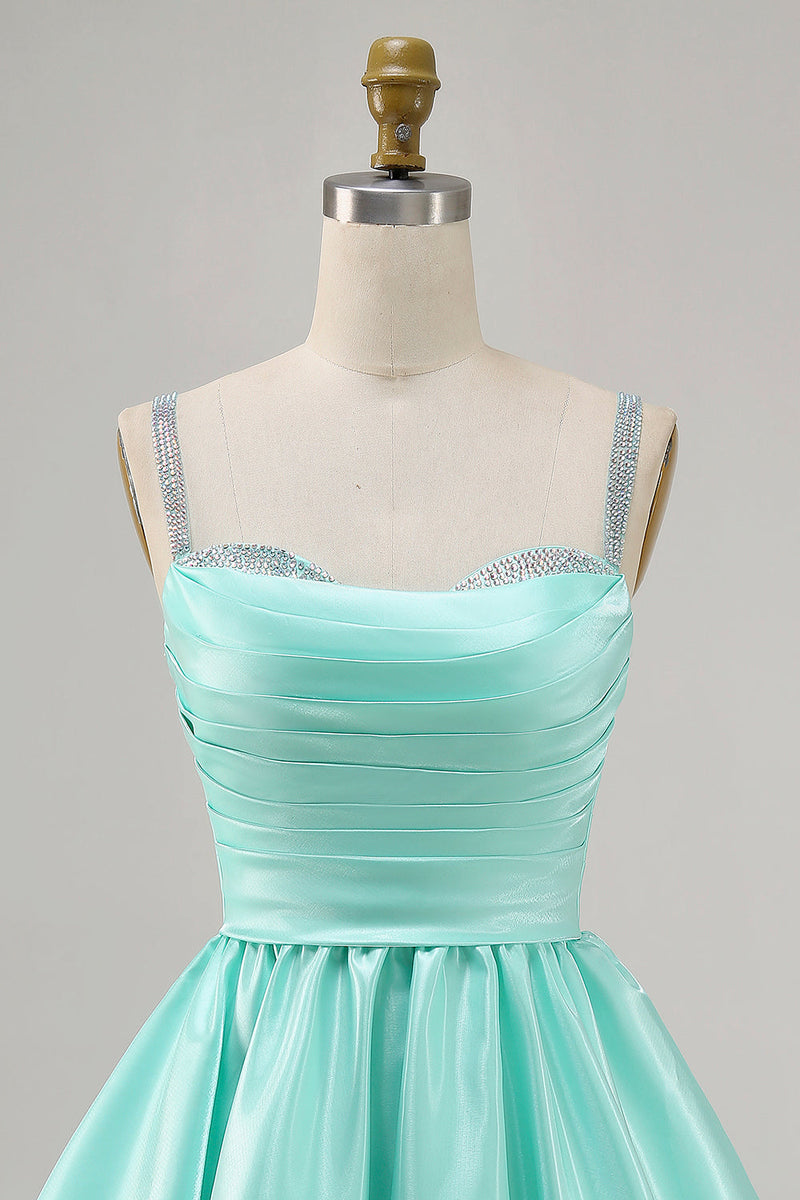 Load image into Gallery viewer, Sparkly Mint Green Short Ruched Satin Homecoming Dress with Beading