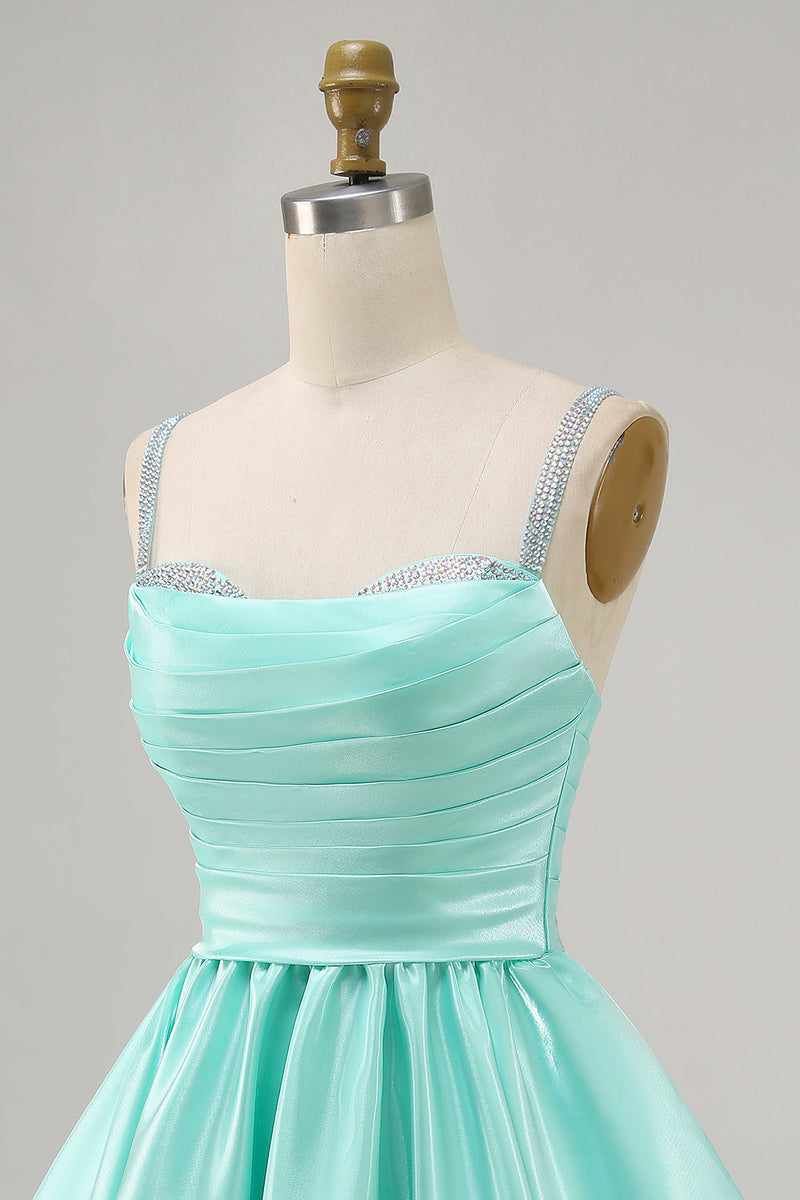Load image into Gallery viewer, Sparkly Mint Green Short Ruched Satin Homecoming Dress with Beading