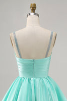 Load image into Gallery viewer, Sparkly Mint Green Short Ruched Satin Homecoming Dress with Beading