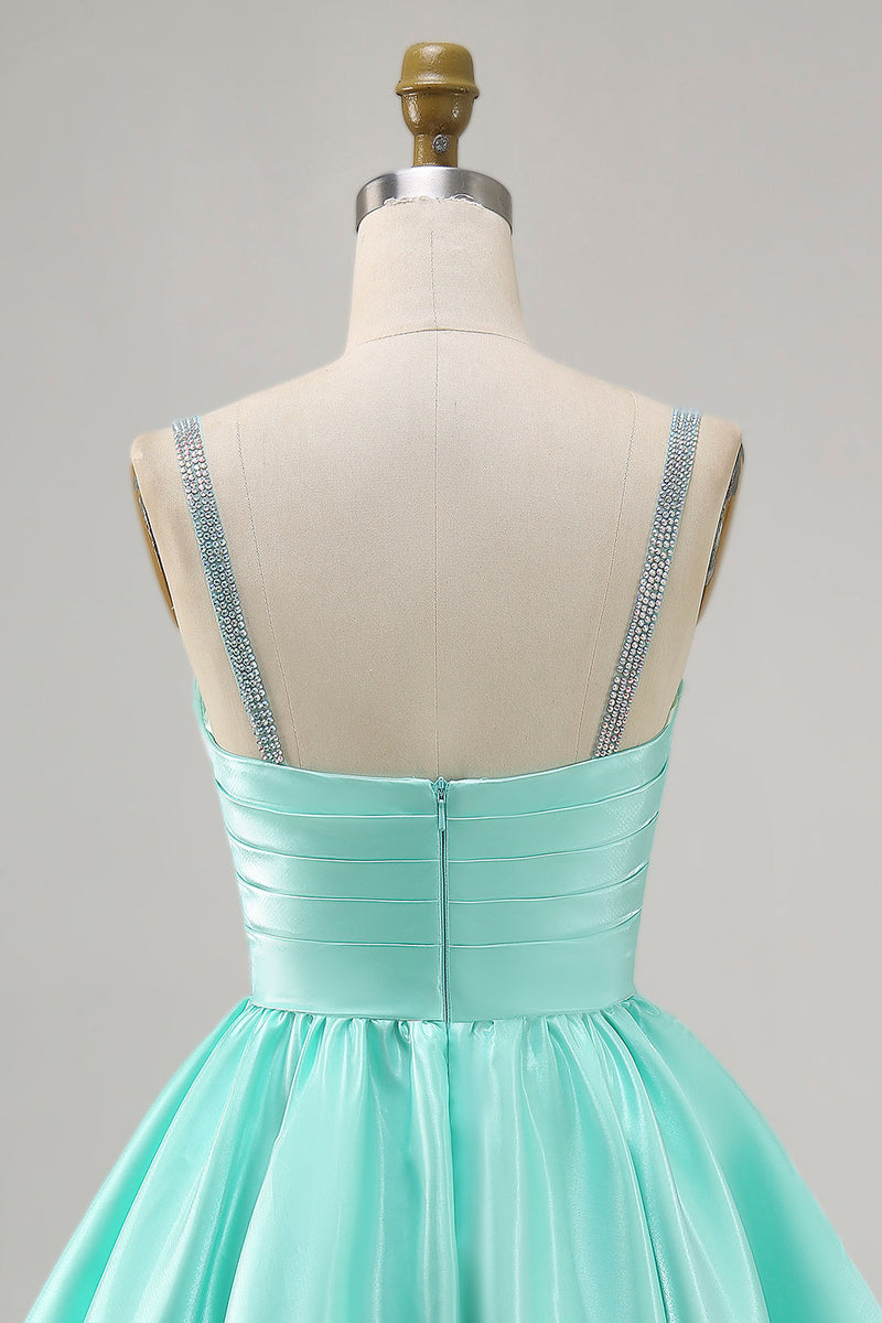 Load image into Gallery viewer, Sparkly Mint Green Short Ruched Satin Homecoming Dress with Beading