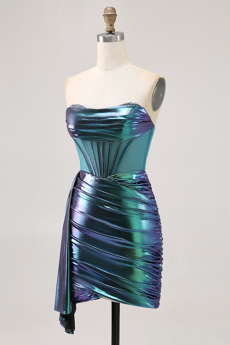 Load image into Gallery viewer, Sparkly Green Short Metallic Corset Tight Homecoming Dress with Ruffles