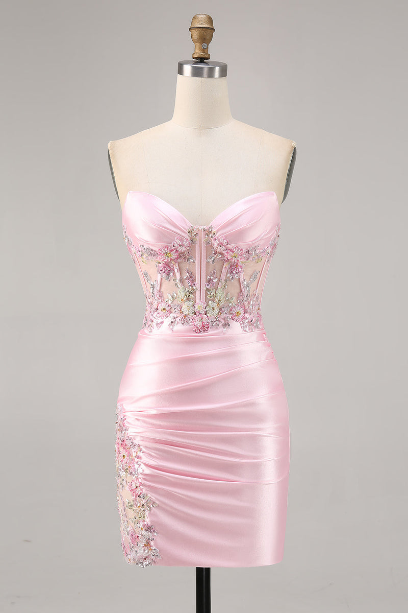 Load image into Gallery viewer, Sparkly Candy Pink Floral Strapless Satin Corset Short Homecoming Dress