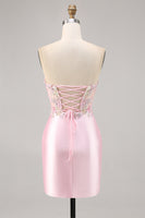 Load image into Gallery viewer, Sparkly Candy Pink Floral Strapless Satin Corset Short Homecoming Dress
