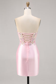 Sparkly Candy Pink Floral Strapless Satin Corset Short Homecoming Dress