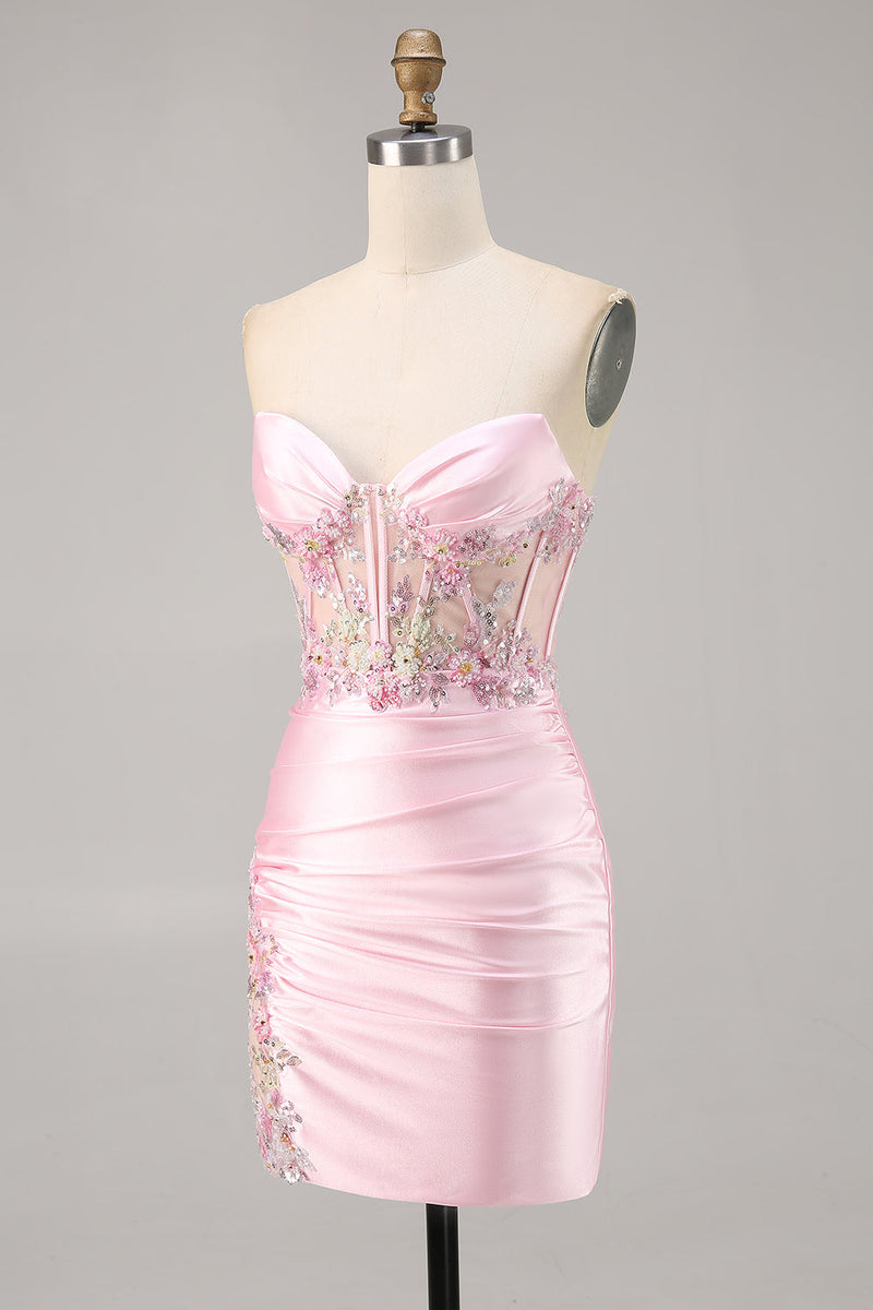 Load image into Gallery viewer, Sparkly Candy Pink Floral Strapless Satin Corset Short Homecoming Dress
