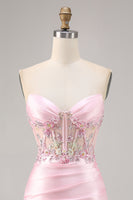 Load image into Gallery viewer, Sparkly Candy Pink Floral Strapless Satin Corset Short Homecoming Dress