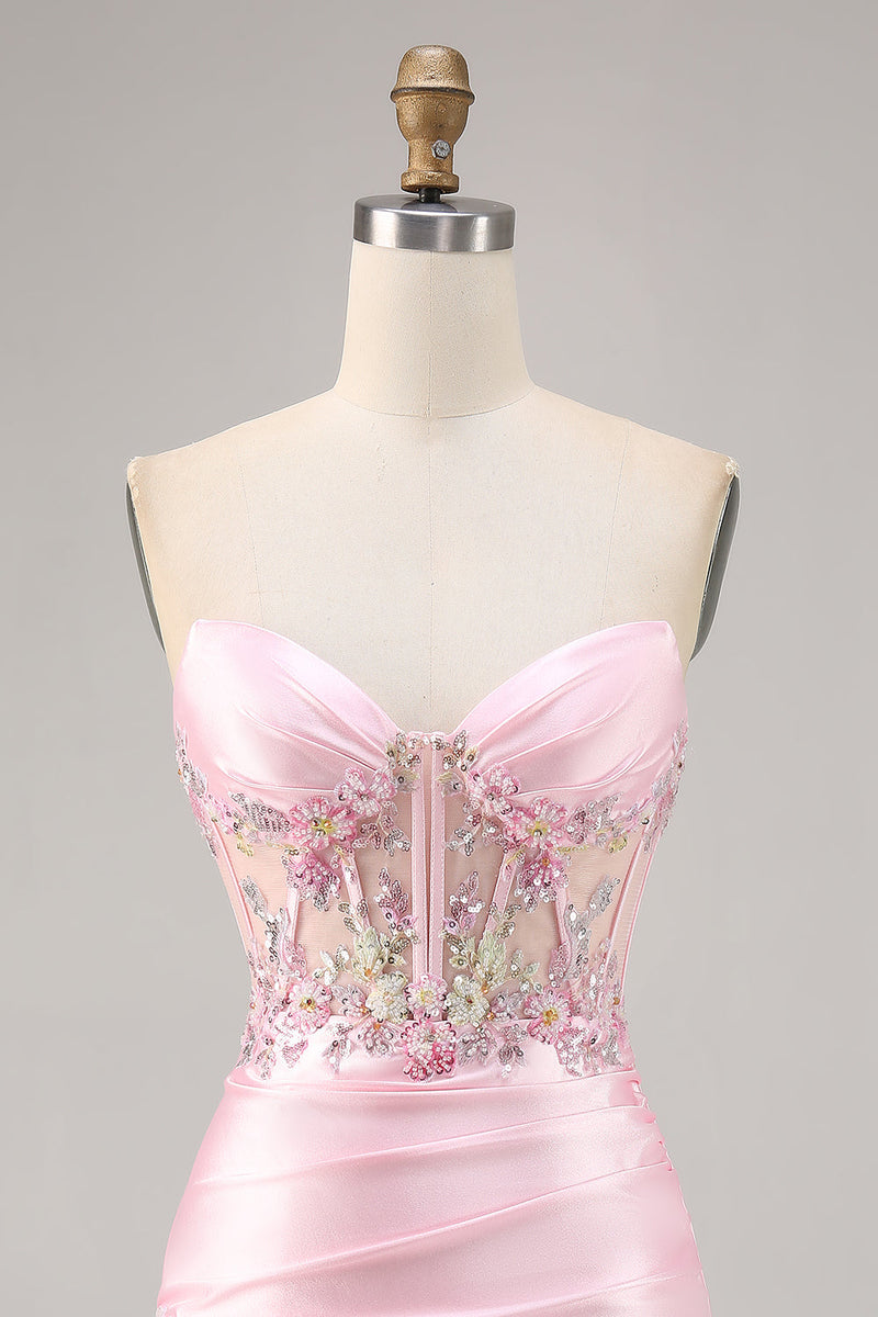 Load image into Gallery viewer, Sparkly Candy Pink Floral Strapless Satin Corset Short Homecoming Dress