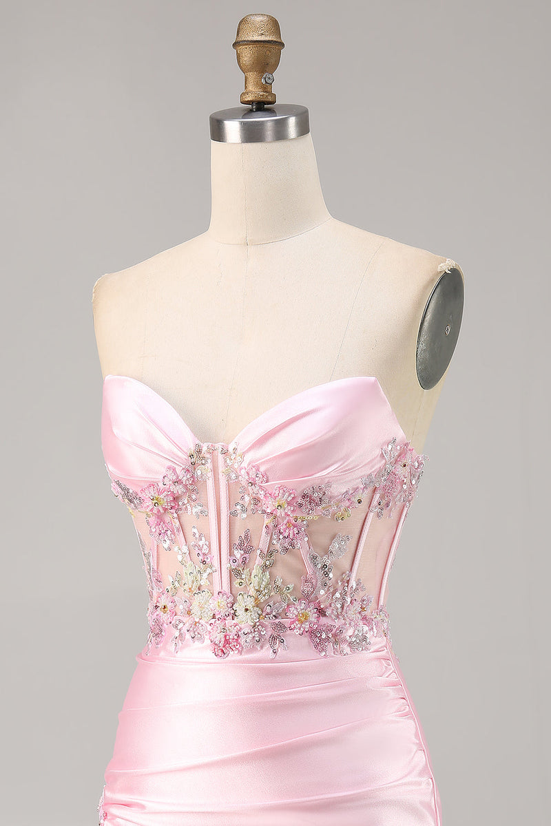 Load image into Gallery viewer, Sparkly Candy Pink Floral Strapless Satin Corset Short Homecoming Dress