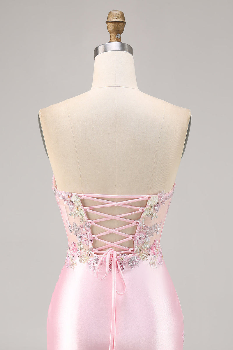 Load image into Gallery viewer, Sparkly Candy Pink Floral Strapless Satin Corset Short Homecoming Dress