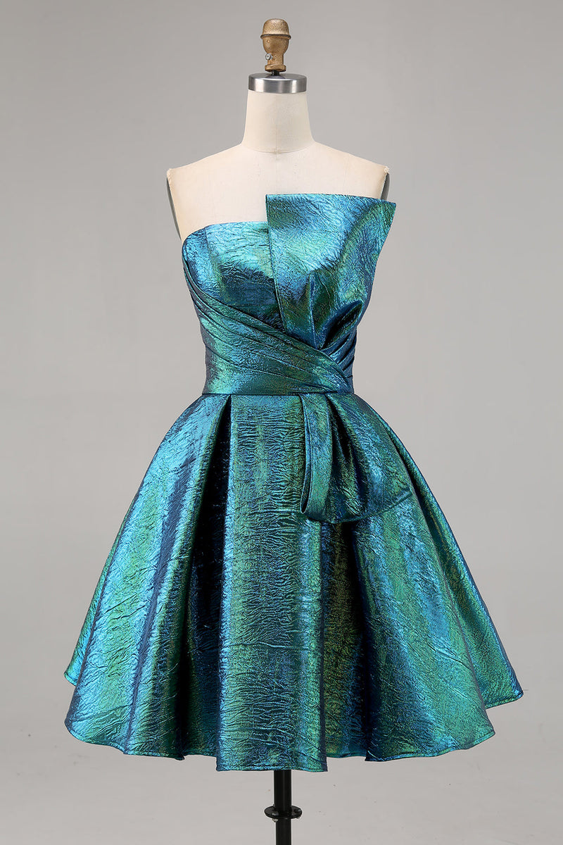 Load image into Gallery viewer, Sparkly Peacock Green Strapless Short Metallic Homecoming Dress