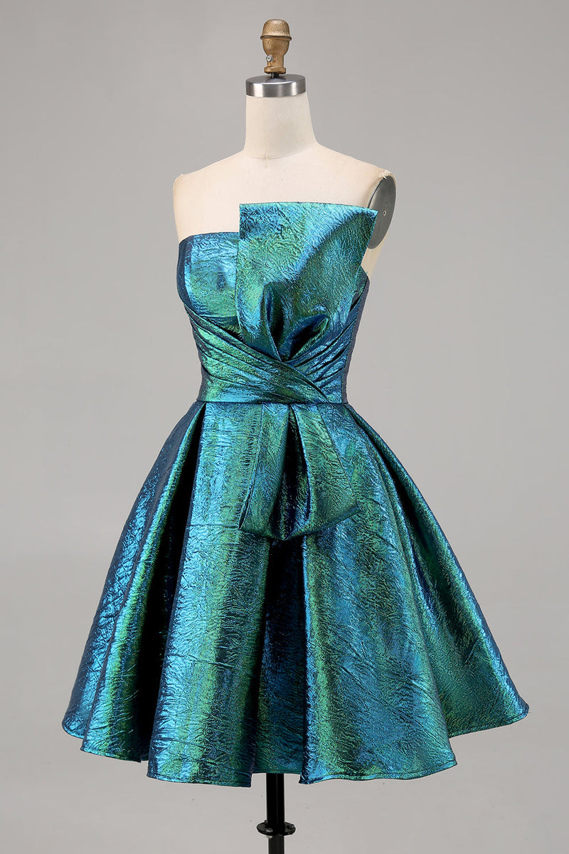 Load image into Gallery viewer, Sparkly Peacock Green Strapless Short Metallic Homecoming Dress