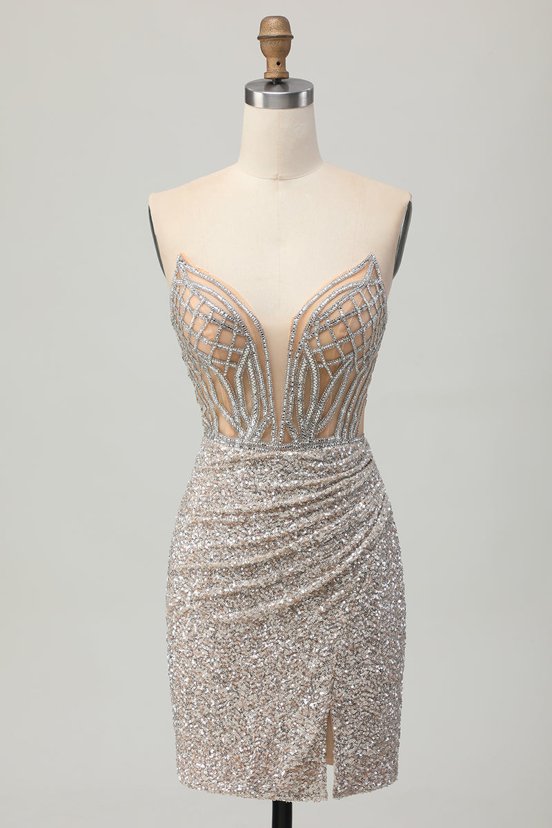 Load image into Gallery viewer, Sparkly Sliver Sequins Bodycon Strapless Short Corset Homecoming Dress