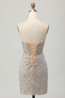 Sparkly Sliver Sequins Bodycon Strapless Short Corset Homecoming Dress