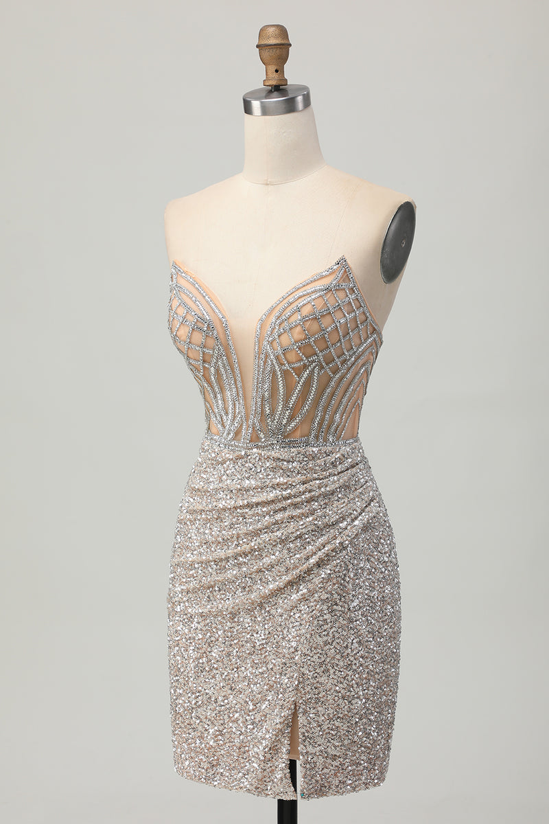 Load image into Gallery viewer, Sparkly Sliver Sequins Bodycon Strapless Short Corset Homecoming Dress