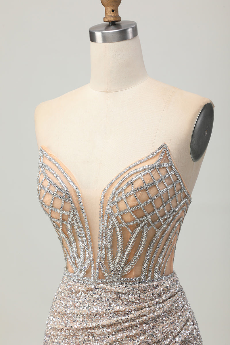 Load image into Gallery viewer, Sparkly Sliver Sequins Bodycon Strapless Short Corset Homecoming Dress