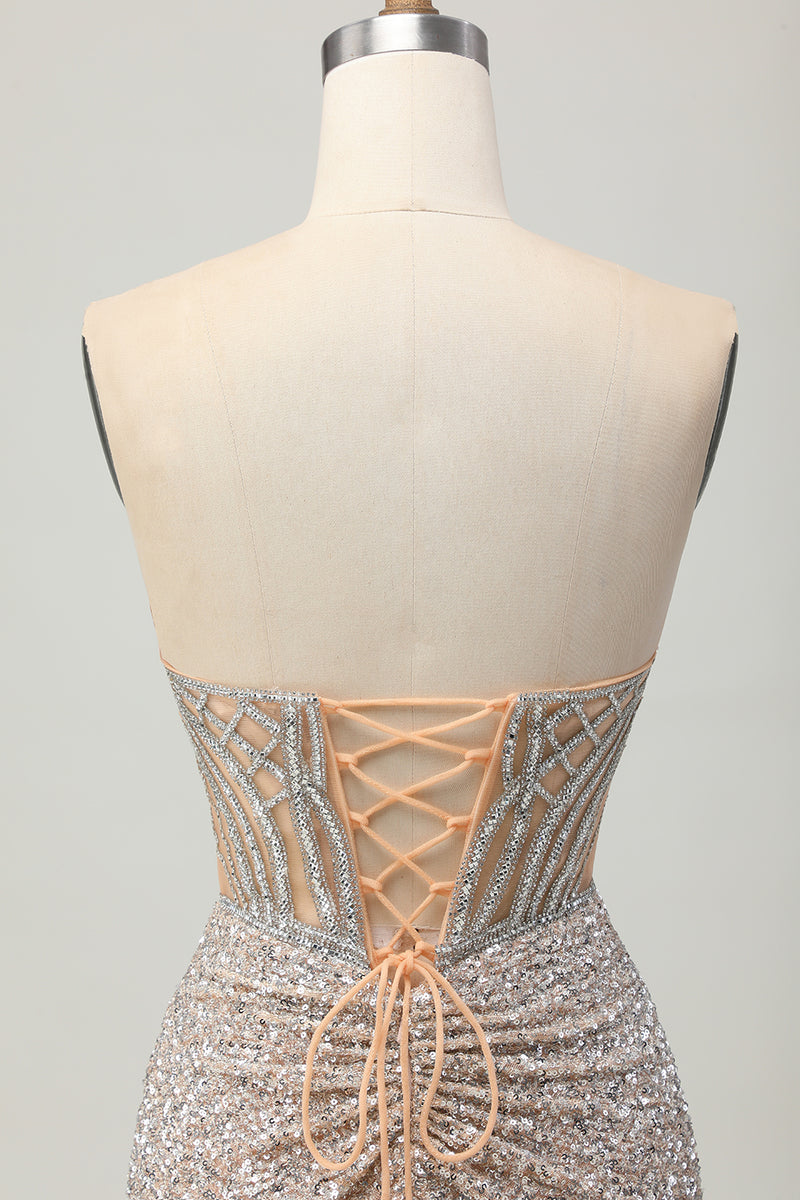 Load image into Gallery viewer, Sparkly Sliver Sequins Bodycon Strapless Short Corset Homecoming Dress