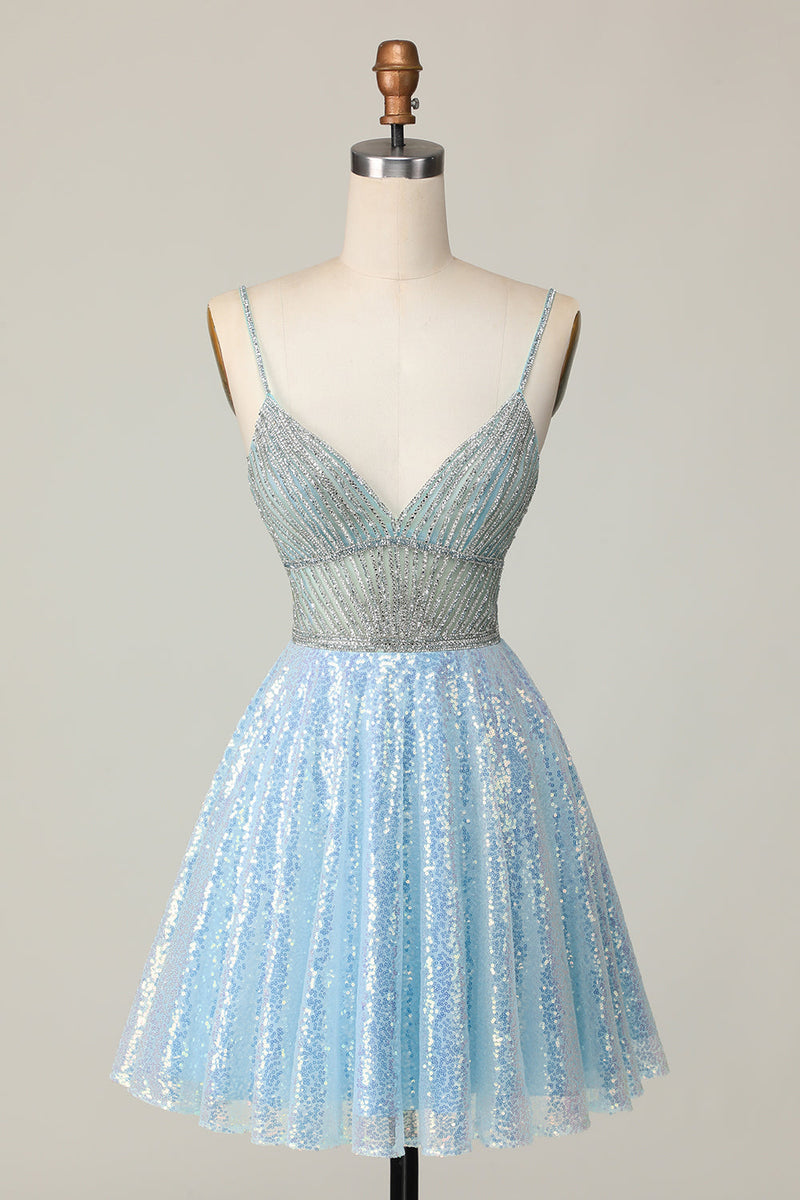 Load image into Gallery viewer, Sparkly Light Blue Spaghetti Straps Sequin Short Homecoming Dress with Beading
