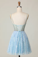 Load image into Gallery viewer, Sparkly Light Blue Spaghetti Straps Sequin Short Homecoming Dress with Beading