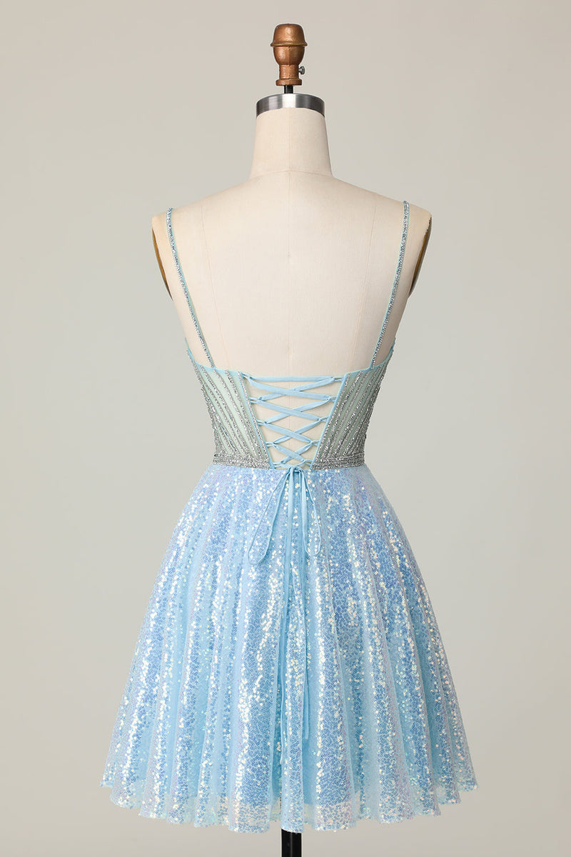 Load image into Gallery viewer, Sparkly Light Blue Spaghetti Straps Sequin Short Homecoming Dress with Beading