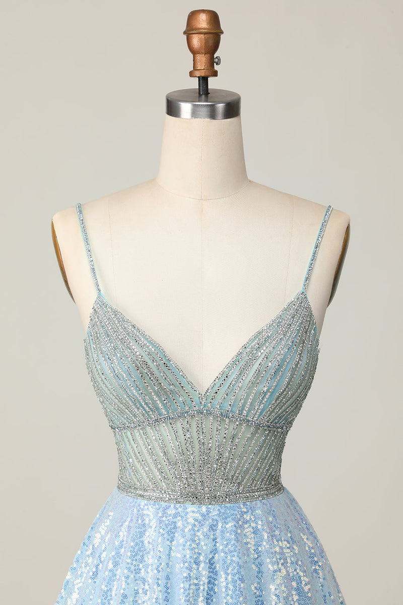 Load image into Gallery viewer, Sparkly Light Blue Spaghetti Straps Sequin Short Homecoming Dress with Beading