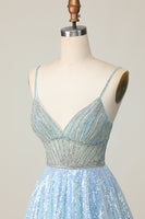 Load image into Gallery viewer, Sparkly Light Blue Spaghetti Straps Sequin Short Homecoming Dress with Beading