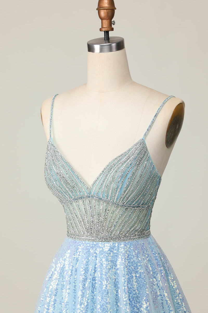 Load image into Gallery viewer, Sparkly Light Blue Spaghetti Straps Sequin Short Homecoming Dress with Beading