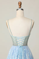 Load image into Gallery viewer, Sparkly Light Blue Spaghetti Straps Sequin Short Homecoming Dress with Beading