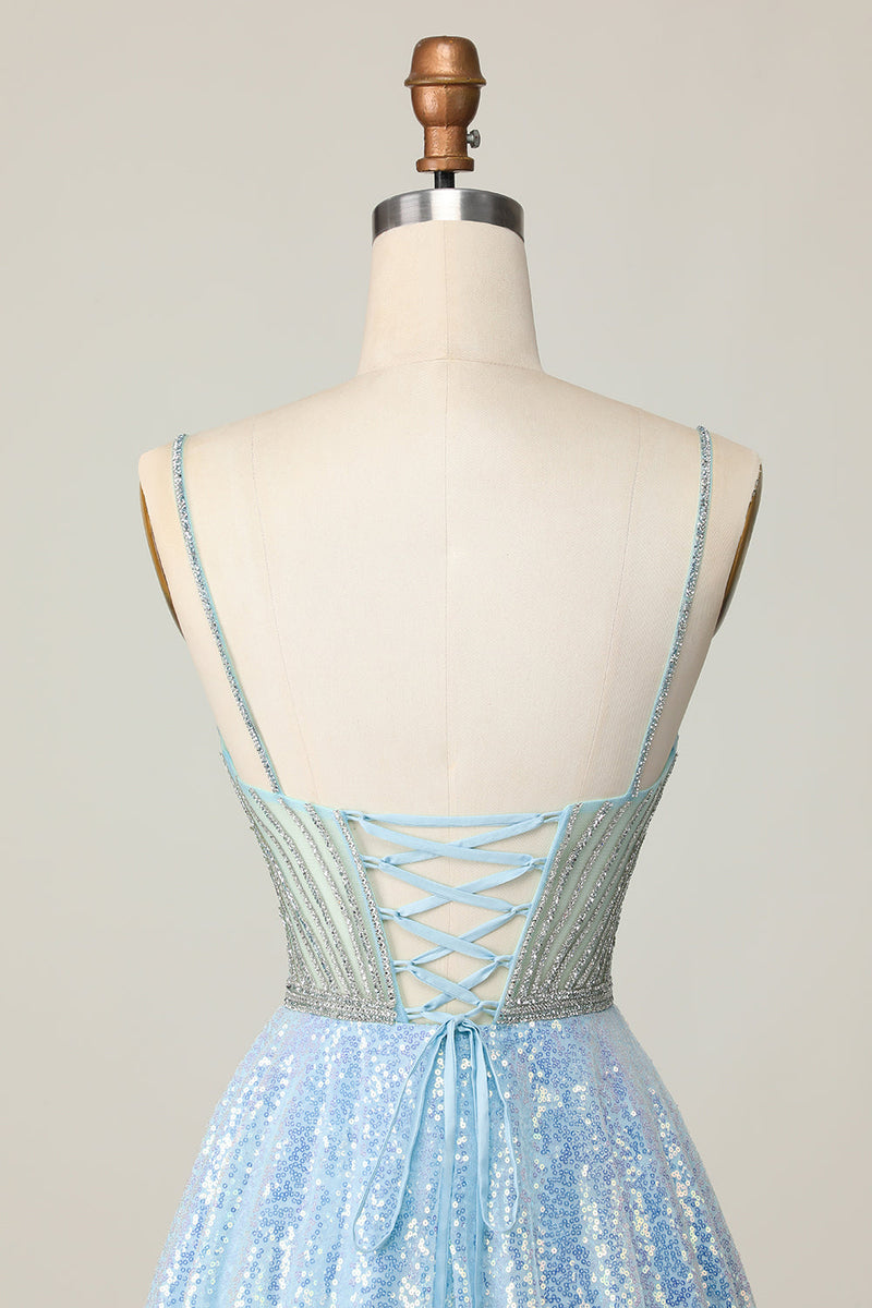 Load image into Gallery viewer, Sparkly Light Blue Spaghetti Straps Sequin Short Homecoming Dress with Beading