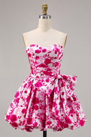 Load image into Gallery viewer, Fuchsia Floral A Line Short Strapless Homecoming Dress with Bow
