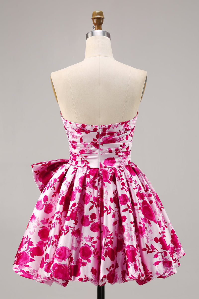 Load image into Gallery viewer, Fuchsia Floral A Line Short Strapless Homecoming Dress with Bow