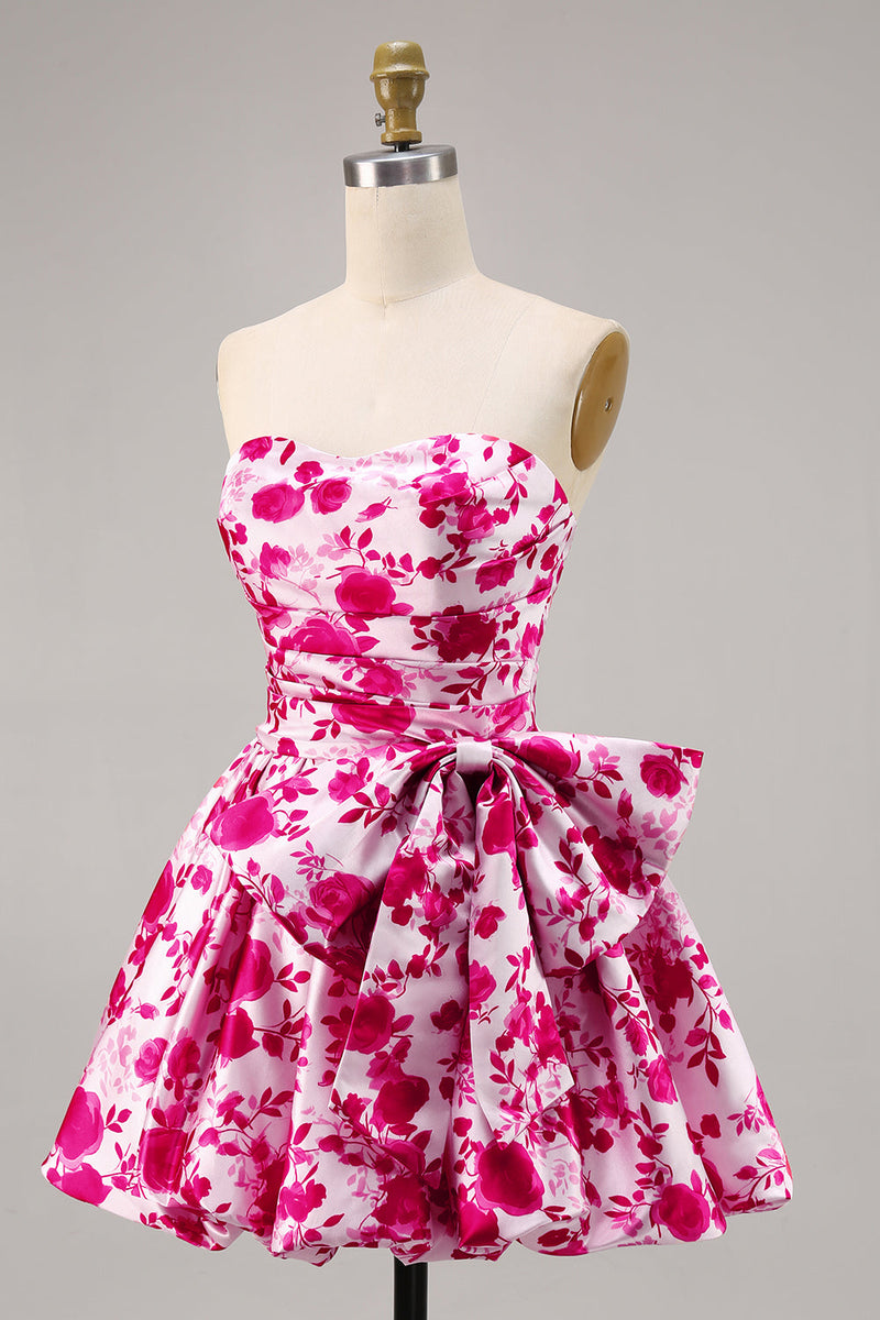 Load image into Gallery viewer, Fuchsia Floral A Line Short Strapless Homecoming Dress with Bow