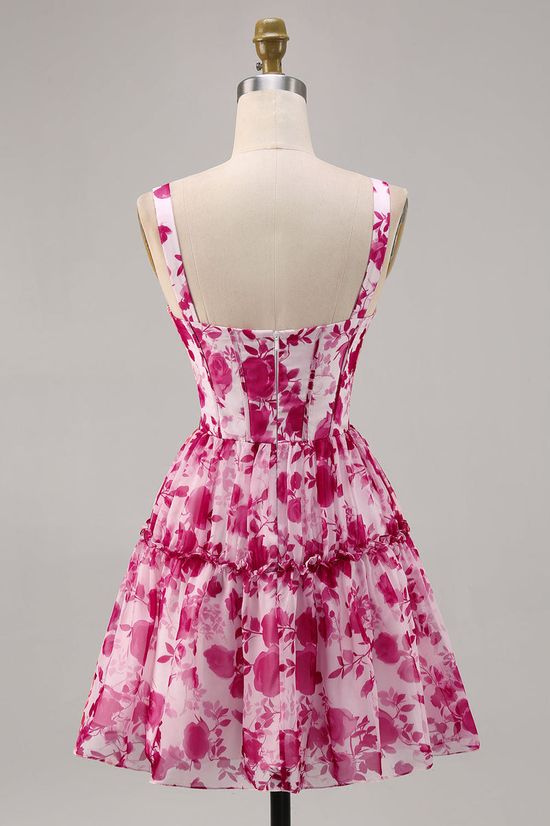 Load image into Gallery viewer, Fuchsia Floral Corset A Line Short Chiffon Homecoming Dress