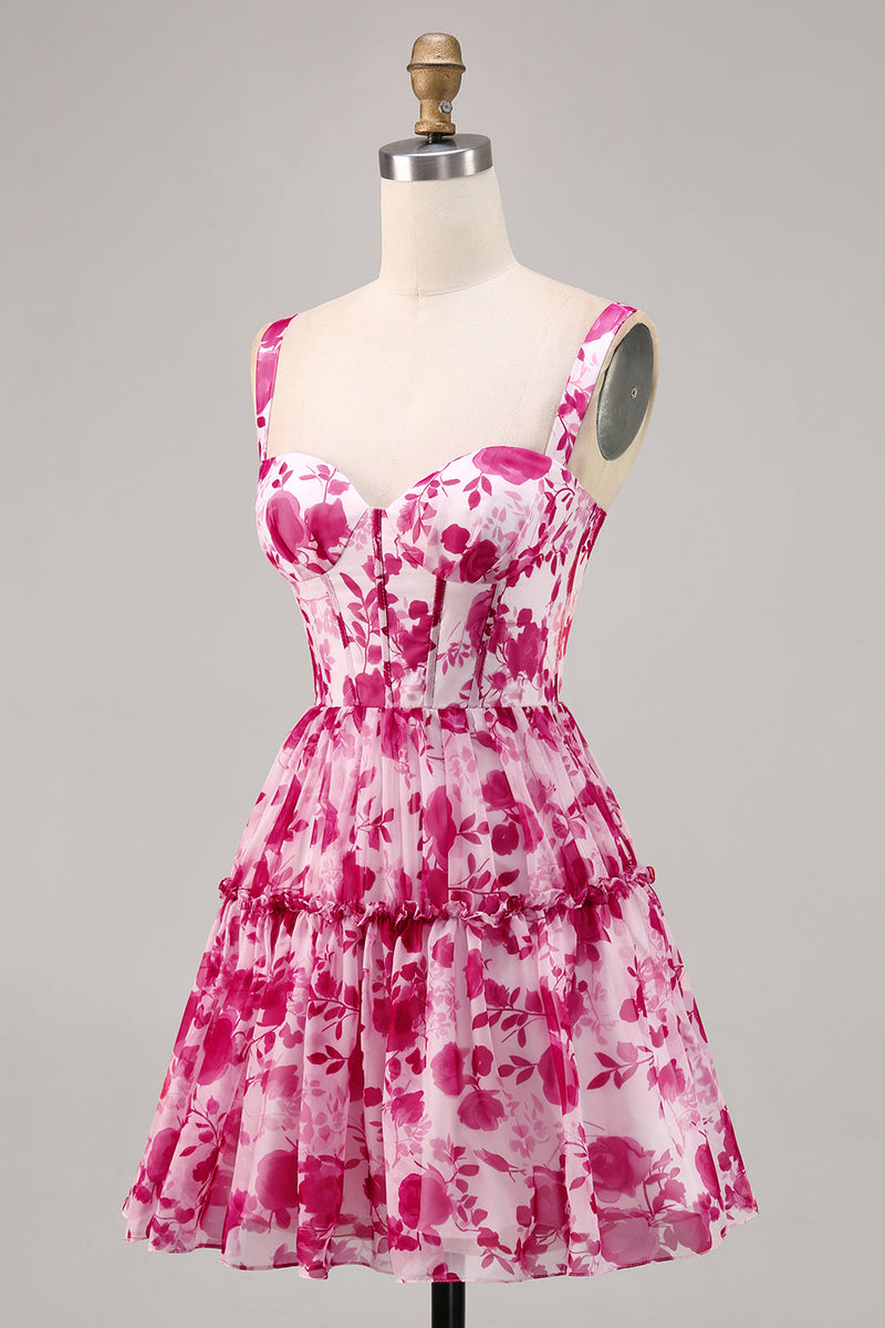 Load image into Gallery viewer, Fuchsia Floral Corset A Line Short Chiffon Homecoming Dress