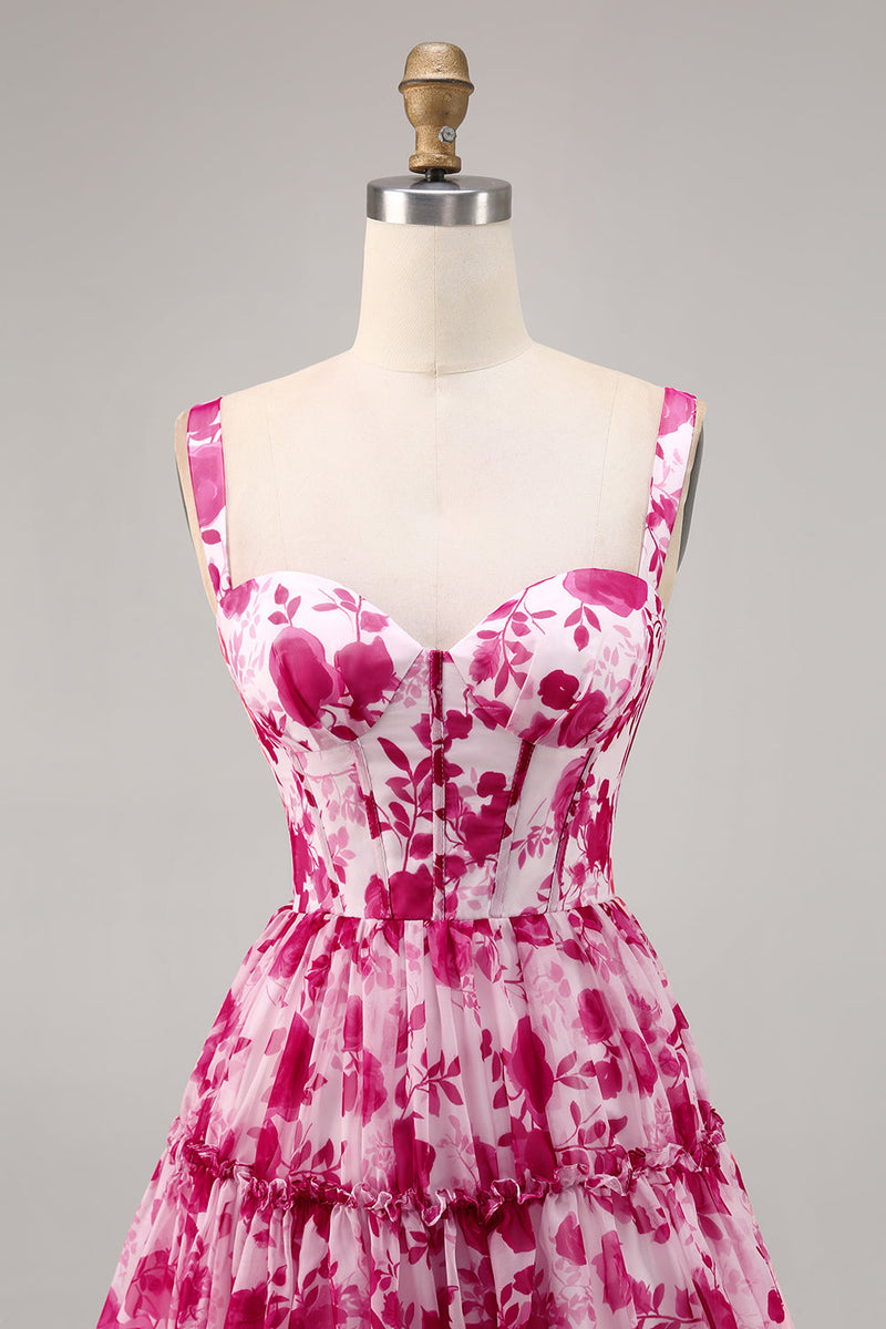 Load image into Gallery viewer, Fuchsia Floral Corset A Line Short Chiffon Homecoming Dress