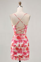 Load image into Gallery viewer, Red Floral Short Ruched Tight Homecoming Dress with Ruffles